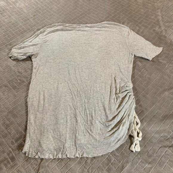 Mango Womens Small T Shirt Blouse Gray Rib Knit Short Sleeve Ruched Stretch - Picture 11 of 11